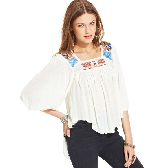 Free People Tops - Free People White Embroidered Hi Lo Blouse